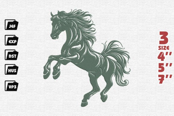 Elegant Rearing Horse Embroidery in Sage Green