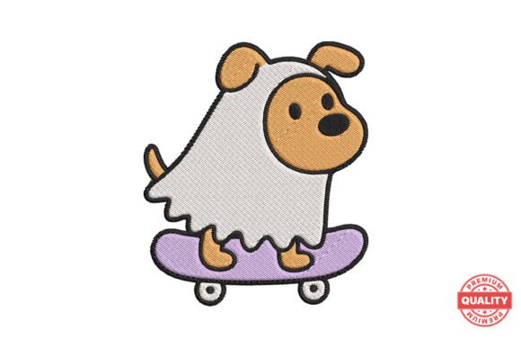 Ghost Dog on Skateboard: A Playful Halloween Stitch